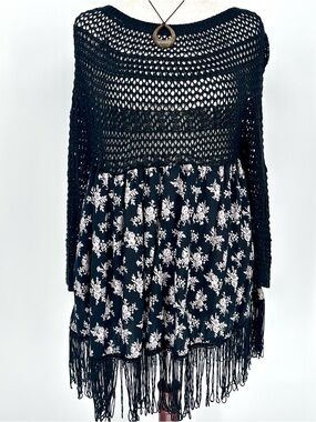 Black Knit Crochet Boho Dress Floral Fringe Festival Indie Fairy